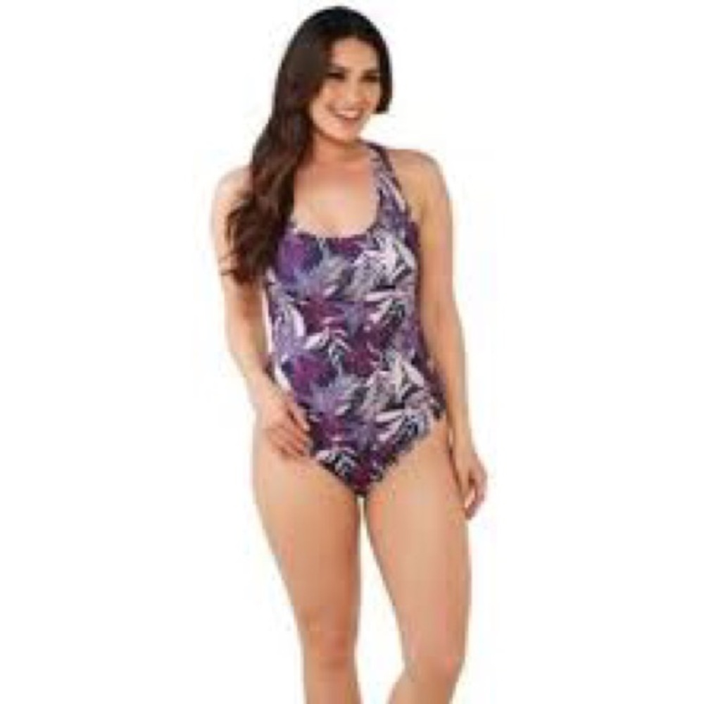 Nicole Miller Navy Purple Pink Tropical Print One-Piece Swimsuit Medium